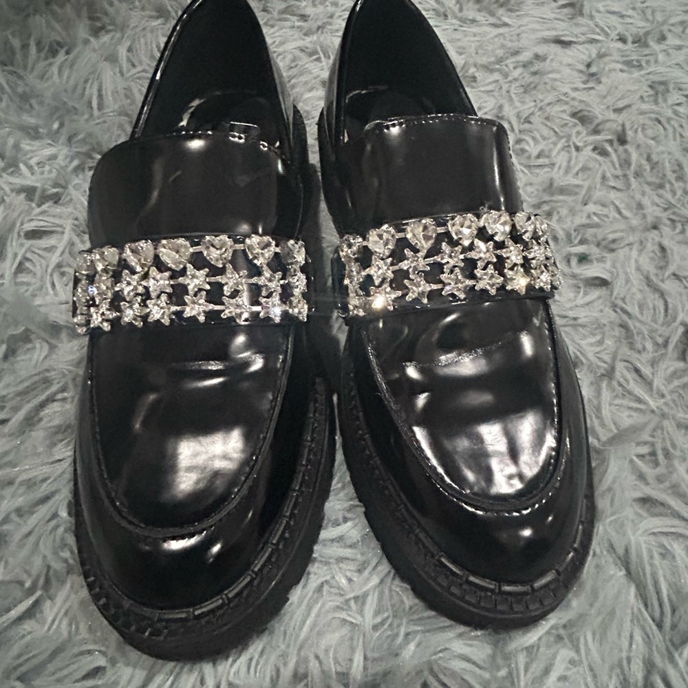 GB Girls Shiny Black Loafers with Sparkling Embellishments size 7